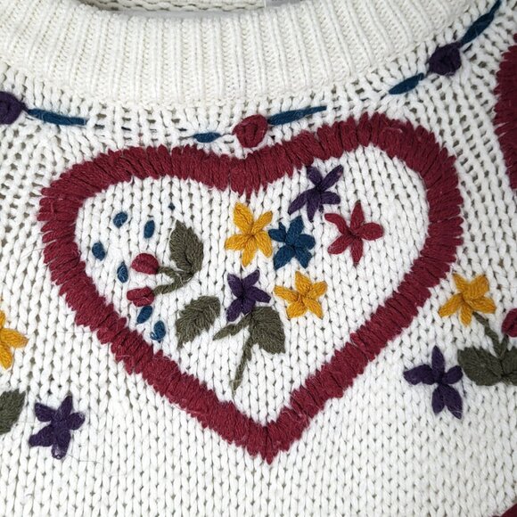 Vintage Embroidered Heart Floral Sweater • Cottagecore Cable Knit Cream Pullover - Picture 3 of 6